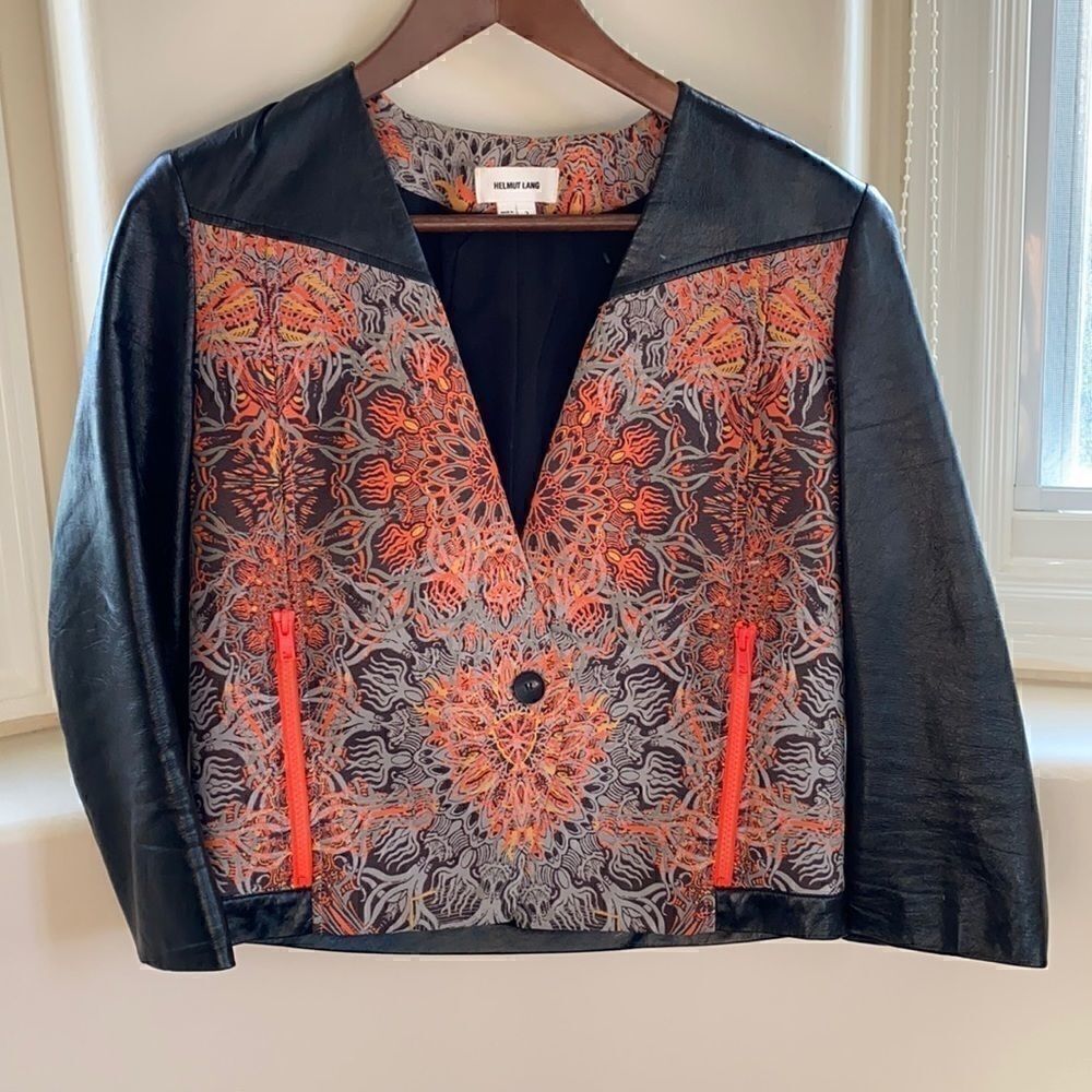 Helmut Lang Womens Leather Jacket With Fabric Trim